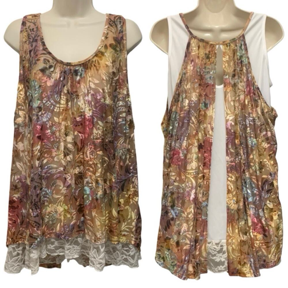 Pyramid Collection Floral Burnout Velvet Tank Medium Open Back Lace Hem Boho